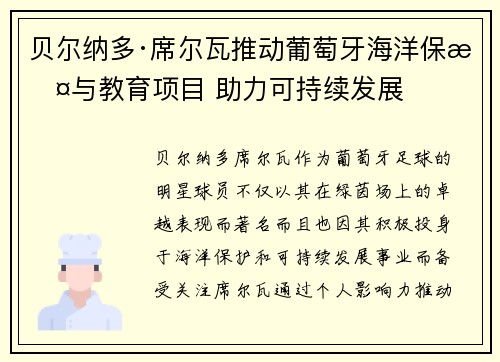 贝尔纳多·席尔瓦推动葡萄牙海洋保护与教育项目 助力可持续发展