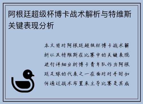 阿根廷超级杯博卡战术解析与特维斯关键表现分析 阿根廷超级杯博卡战术解析与特维斯关键表现分析