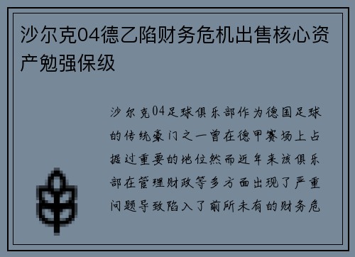 沙尔克04德乙陷财务危机出售核心资产勉强保级
